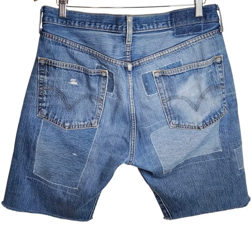 upcycled and reworked Vintage Distressed Levis Knee Length Cutoff Denim Shorts